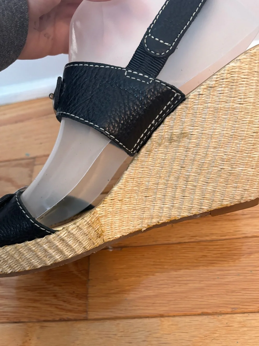 ANTONIO MELANI Y2K Black Leather Double-Buckle Espadrille Wedges Size 8 Brazil